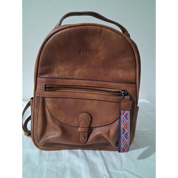 Fadeon Cognac Brown Vegan Leather Mini Backpack Woven Trim Boho main image 9